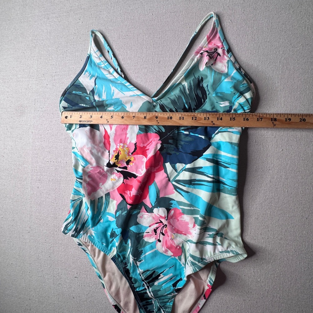 Kona Sol Womens XL Tropical Floral One Piece Swimsuit Teal Pink VNeck Cross Back - Picture 4 of 9